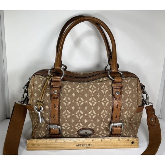 Fossil Brown Patterned Fabric and Leather Satchel Shoulder Bag - Picture 7 of 12